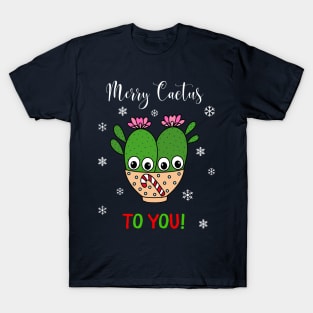 Merry Cactus To You - Cacti Couple In Christmas Candy Cane Bowl T-Shirt